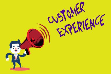Handwriting text Customer Experience. Concept meaning Interaction between Satisfied Customer and Organization Man in Suit Earpad Standing Moving Holding a Megaphone with Sound icon. clipart