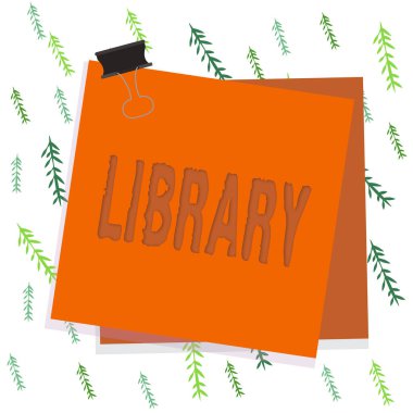 El yazısı kitaplığı. Kavram, kitapların toplandığı bina odası demek. İncelenecek yer. Kağıt yapıştırıcı, renkli arkaplan anımsatıcı ofis malzemesi..