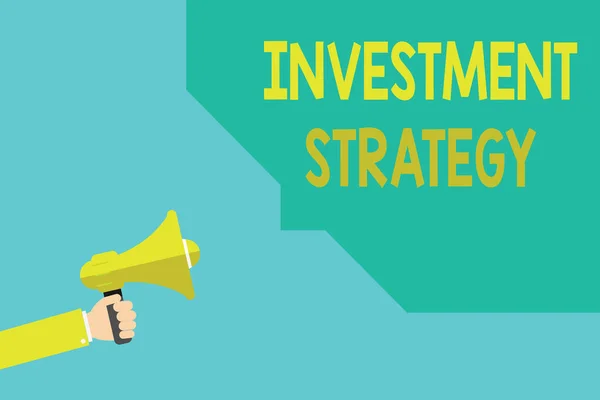 Writing note showing Investment Strategy. Business photo showcasing Set of Rules Procedures Behavior a Guide to an Investor Hu analysis Hand Hold Megaphone with Sound icon and Bubble.