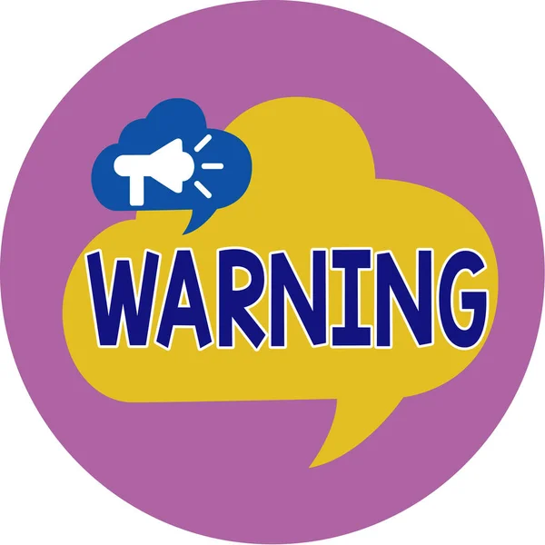 Znak tekstowy z Ostrzeżeniem. Pojęcie zdjęcia Porady Znak możliwego zagrożenia Symbol bezpieczeństwa Ostrzeżenie ostrzegawcze Megafon w bańce mowy ogłaszający nakładkę balonu tekstowego wewnątrz koła. — Zdjęcie stockowe