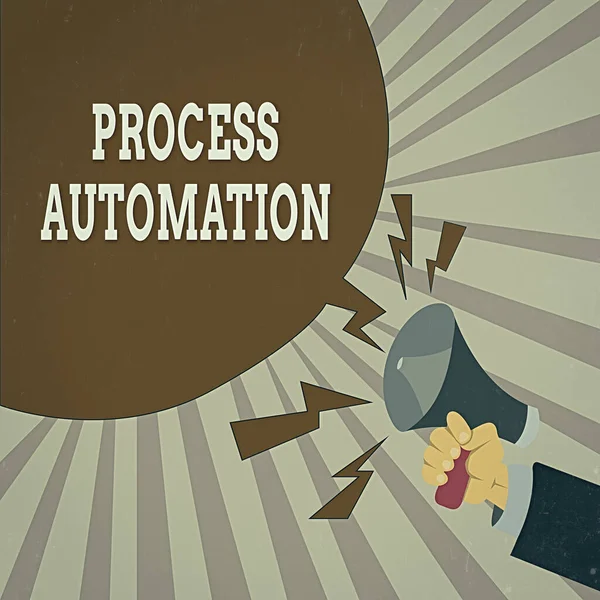 Handwriting text Process Automation. Concept meaning Transformation Streamlined Robotic To avoid Redundancy Male Hu analysis Hand Holding Megaphone Shouting Yelling and Blank Speech Bubble. — Stock Photo, Image