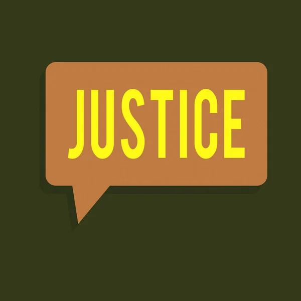 Writing note showing Justice. Business photo showcasing Quality of being just impartial or fair Administration of law rules Rectangular Speech Bubble in Solid Color and Shadow Visual Expression. — Stock Photo, Image