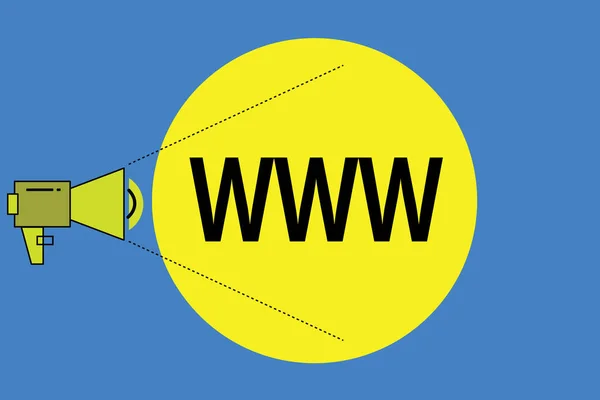 Woordschrijvende tekst Www. Bedrijfsconcept voor Netwerk van online content Geformatteerd in HTML en toegankelijk via HTTP Megaphone met Pitch Power Level Volume Sound Icon en Blank Circle. — Stockfoto
