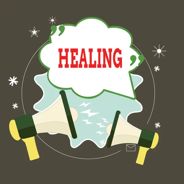 Conceptual hand writing showing Healing. Business photo text process of making or becoming sound or healthy again Helping injured Speech Bubble with Quotation Mark Megaphones shouting and Arguing. — Stock Photo, Image