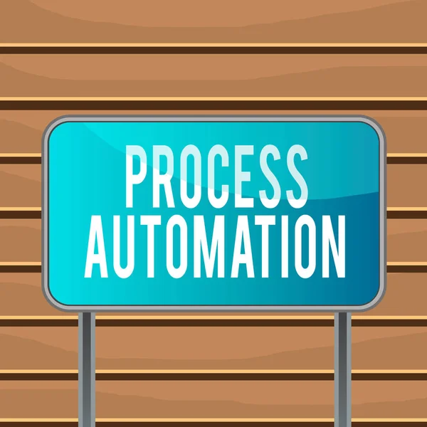 Conceptuele handschrift tonen Process Automation. Zakelijke foto tekst Transformatie Gestroomlijnde robot Om redundantie te voorkomen Metalen paal leeg paneel plank kleurrijke backgound bevestigd. — Stockfoto