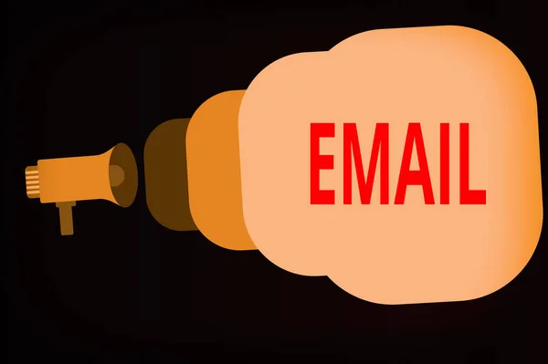 Handschriftlicher Text E-Mail. Konzept bedeutet Senden einer kommerziellen Nachricht an eine Gruppe von Zeigenden, die per E-Mail-Megaphon eine öffentliche Ankündigung machen Speech Bubble wird größer und näher. — Stockfoto