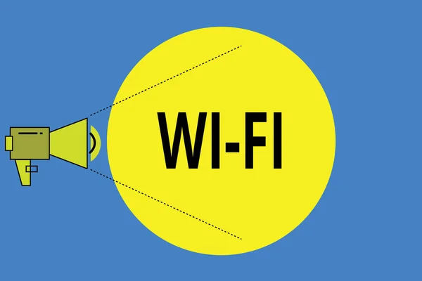 ワードライティングテキストWi-Fi 。ワイヤレスローカルエリアネットワークで一般的に使用される無線技術のビジネスコンセプトピッチパワーレベルの音量アイコンとブランクサークルとメガホン. — ストック写真