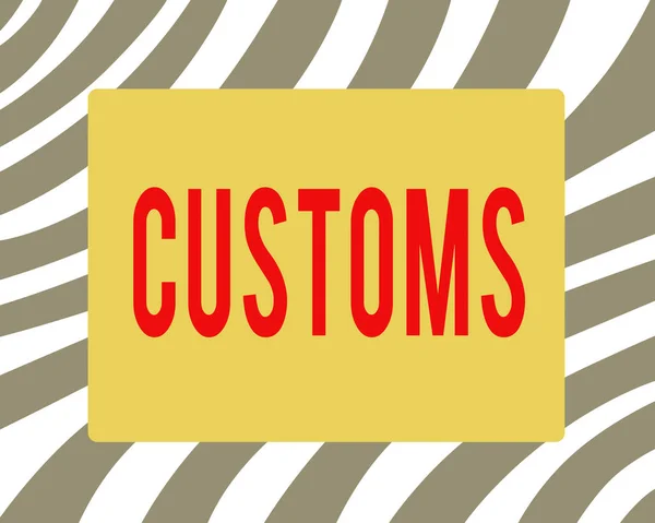 Writing note showing Customs. Business photo showcasing Official department administers collects duties on imported goods Horizontal Rectangular Shape with Bended Corner Figure.