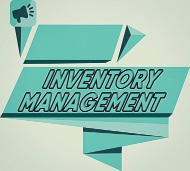 Kelime yazma Envanter Yönetimi. Stokların ve Fiyatların Denetimini Denetlemek için İş Konsepti Soyut Şekil Oluşturma Düzeni Yatay Grafiksel Megafon Özeti.