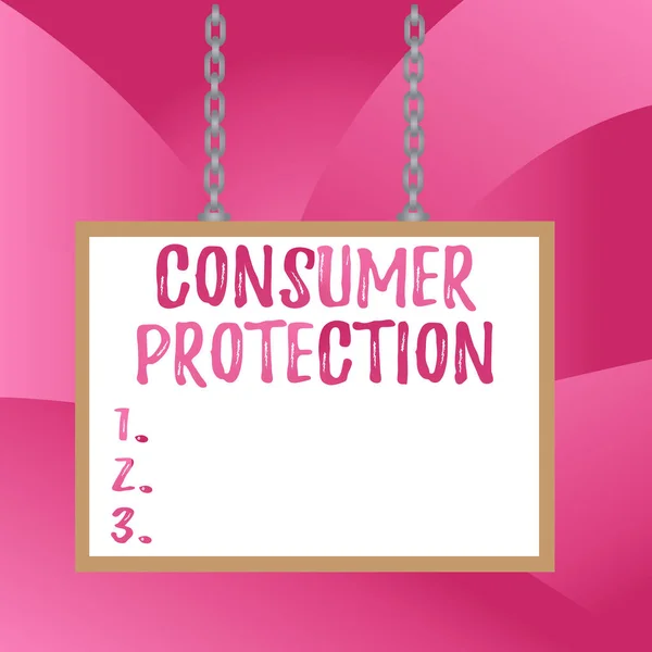 手写文本消费者保护。确保消费者权益保护的公平贸易法的概念白板矩形框架空隙附有表面链空白板. — 图库照片