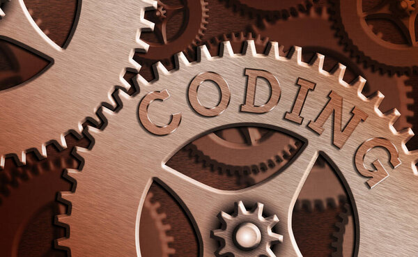 Handwriting text Coding. Concept meaning assigning code to something for classification identification.