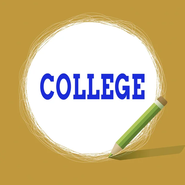 Conceptual hand writing showing College. Business photo showcasing educational institution or establishment providing higher education Scribbling of circular lines Using Pencil White Solid Circle.