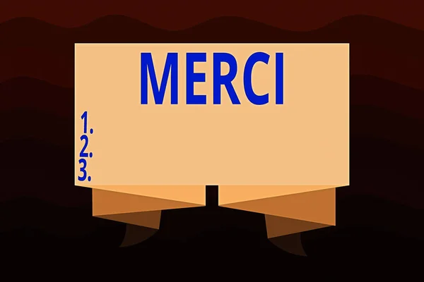 Skrivtext Merci. Begreppet betyder vad som sägs eller svar när någon hjälper dig i Frankrike Tack Ribbon Sash Vikt och Pleated Decorative Banner Strip corrugated Riband. — Stockfoto
