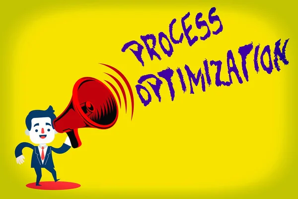 Texto de escritura a mano Optimización de procesos. Concepto significado Mejorar la eficiencia de las organizaciones Maximizar el rendimiento Hombre en traje Earpad de pie en movimiento sosteniendo un megáfono con el icono de sonido . —  Fotos de Stock