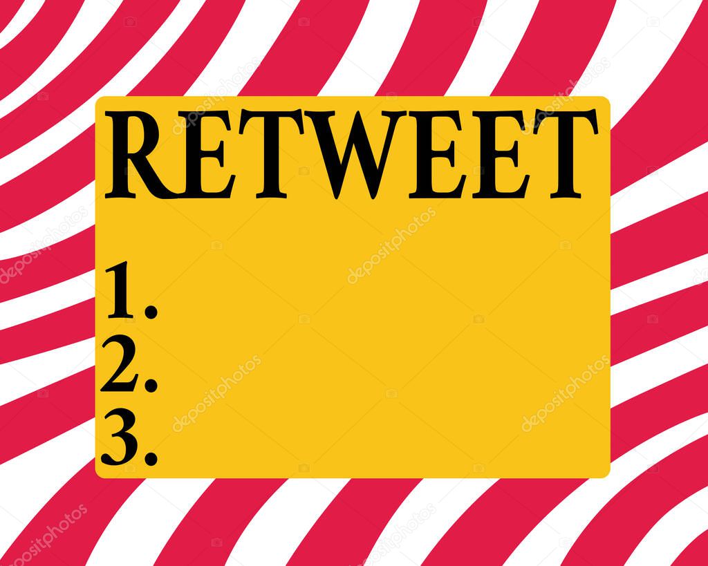 Conceptual hand writing showing Retweet. Business photo showcasing in twitter repost or forward a message posted by another user Horizontal Rectangular Shape with Bended Corner Figure.