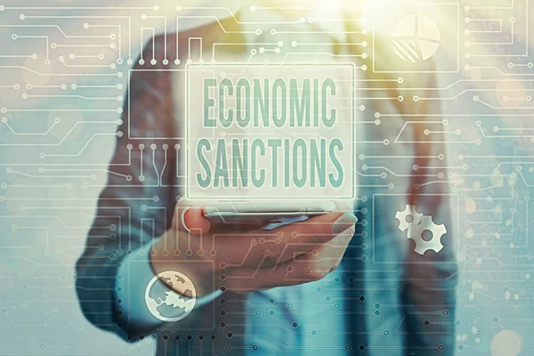 Konceptualny rękopis ukazujący sankcje gospodarcze. Biznesowe zdjęcie pokazujące karę nałożoną na inny kraj Wojna handlowa. — Zdjęcie stockowe