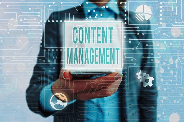 Konceptuální rukopis zobrazující Content Management. Prezentace obchodních fotografií Proces, který shromažďuje spravovat a publikovat informace. — Stock fotografie