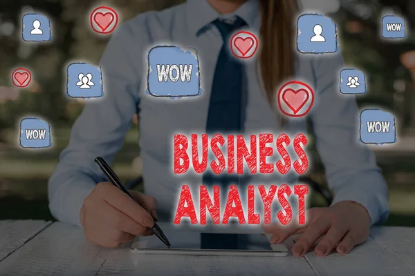 Nota de redação mostrando Business Analyst. Foto de negócios mostrando alguém que analisa grande organização ou domínio do site . — Fotografia de Stock