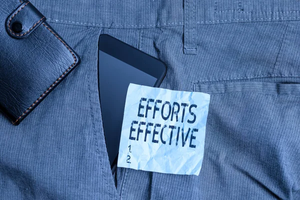 Writing note showing Efforts Effective. Business photo showcasing Produces the results as per desired Goal Target Achieve Smartphone device inside trousers front pocket with wallet.