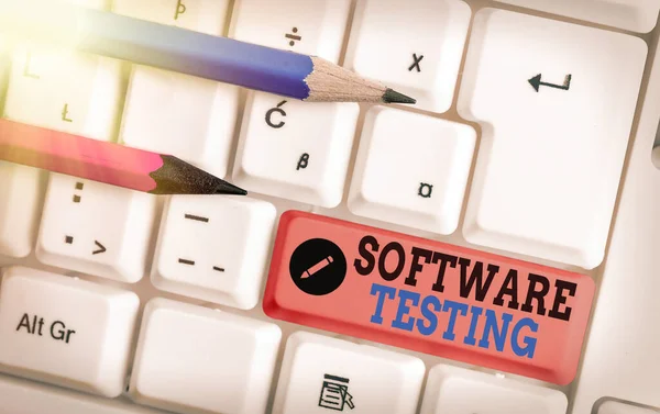 소프트웨어 테스트를 작성하는 문서 작성. 개념적 의미 조사는 그것의 품질에 대한 정보를 제공 합니다.. — 스톡 사진