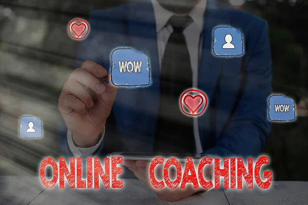 Handwriting text Online Coaching. Concept meaning Learning from online and internet with the help of a coach.