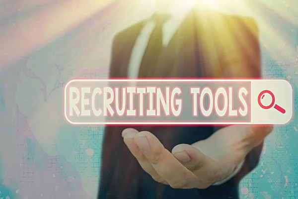 Conceptual hand writing showing Recruiting Tools. Business photo text getting new talents to your company through internet or ads. — Stock Photo, Image