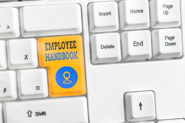 Text sign showing Employee Handbook. Conceptual photo Document that contains an operating procedures of company.