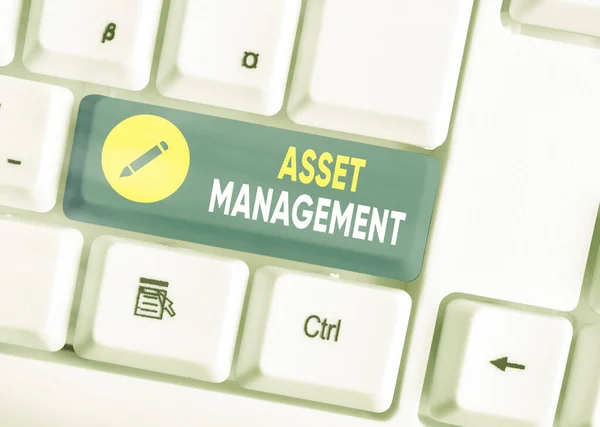 Writing note showing Asset Management. Business photo showcasing systematic process of operating and disposing of assets.