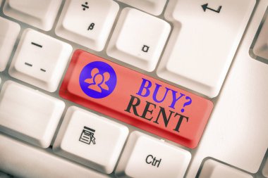 Buy Question Rent 'i gösteren kavramsal el yazısı. Konut kiralama hakkında bilgi veren iş fotoğraflama grubu.