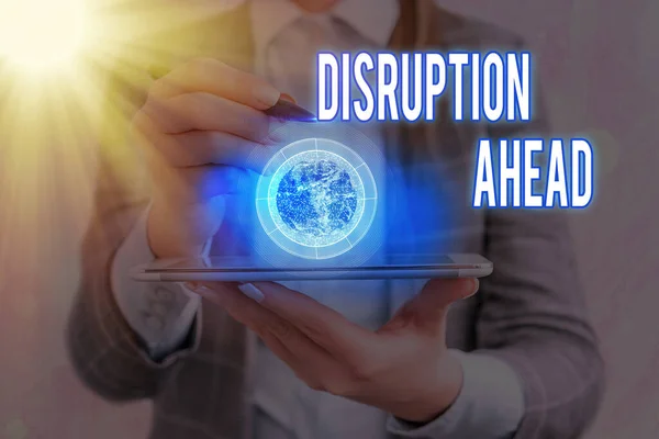 Text sign showing Disruption Ahead. Conceptual photo Transformation that is caused by emerging technology Elements of this image furnished by NASA. — Stock Photo, Image