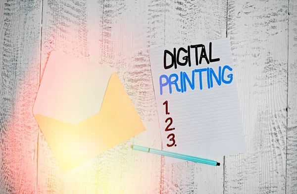 Text sign showing Digital Printing. Conceptual photo digital based images directly to variety of media Open colored envelope blank sheet letter paper ballpoint wooden background. — Stock Photo, Image