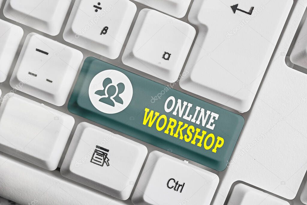 Handwriting text writing Online Workshop. Concept meaning shows of goods and commodities over the electronic websites.