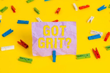 Kelime yazma metni Grit Question 'ı aldı. İstediğimiz hedefe ulaşmak için azimli bir iş anlayışı Renkli çamaşır iğnesi kağıtları boş hatırlatıcı sarı zemin arka plan ofisi.