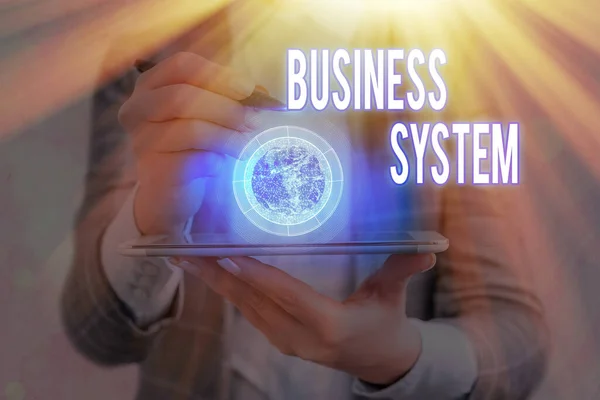 Text sign showing Business System. Conceptual photo A method of analyzing the information of organizations Elements of this image furnished by NASA. — Stock Photo, Image