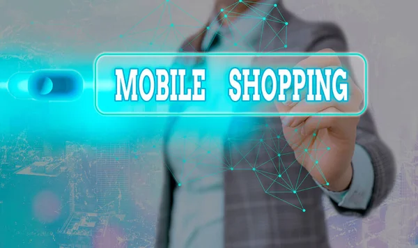 Nota de escritura que muestra Mobile Shopping. Muestra de fotos de negocios Compra y venta de bienes y servicios a través de móviles . —  Fotos de Stock