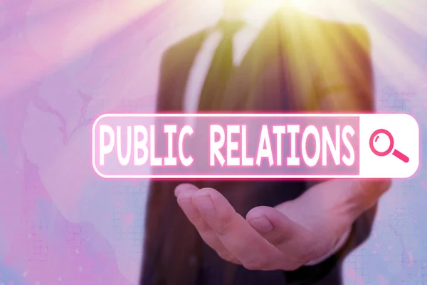 Conceptual hand writing showing Public Relations. Business photo text practice managing spread of information between individual. — Stock Photo, Image