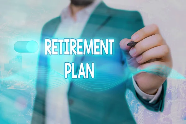 Ordskrivning text Pensioneringsplan. Affärsidé för att spara pengar för att använda det när du slutar arbeta. — Stockfoto