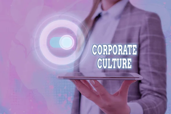 Text sign showing Corporate Culture. Conceptual photo Beliefs and ideas that a company has Shared values.