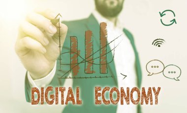 Kelime yazma Dijital Ekonomi. Dünya çapında ekonomik faaliyetler ve teknolojiler ağı için iş konsepti.