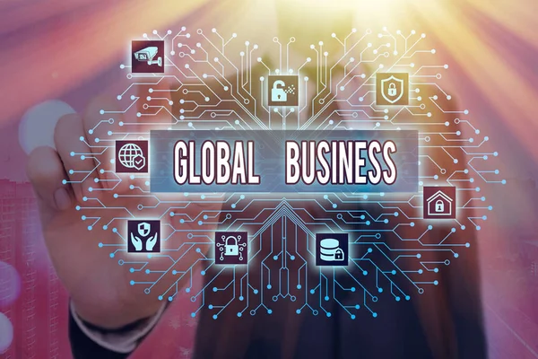 A Global Business-t bemutató feljegyzés. Üzleti fotó bemutatása Kereskedelmi és üzleti rendszer egy cég csinál szerte a világon. — Stock Fotó