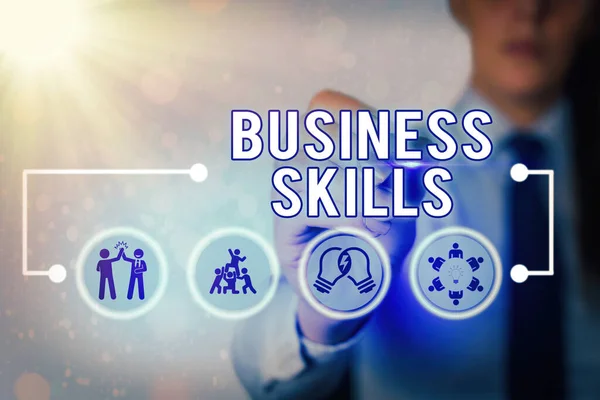 Writing note showing Business Skills. Business photo showcasing An ability to acquire systematic effort of job functions.