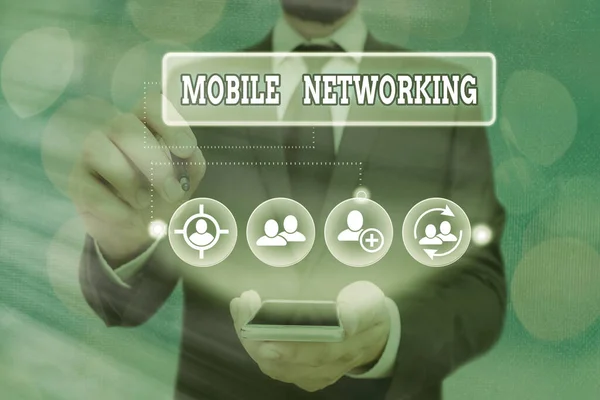 Κείμενο που δείχνει Mobile Networking. Εννοιολογική φωτογραφία Δίκτυο επικοινωνίας όπου η τελευταία σύνδεση είναι ασύρματη. — Φωτογραφία Αρχείου
