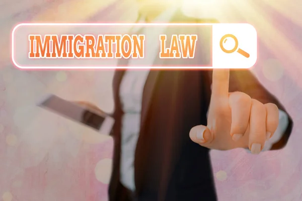 Γραπτό σημείωμα που δείχνει το νόμο μετανάστευσης. Επιχειρηματική φωτογραφία στην οποία προβάλλεται η μετανάστευση ενός πολίτη είναι νόμιμη κατά την πραγματοποίηση του ταξιδιού. — Φωτογραφία Αρχείου