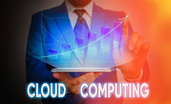 Tekst pisma Cloud Computing. Koncepcja oznaczająca korzystanie z sieci zdalnych serwerów hostowanych w Internecie. — Zdjęcie stockowe