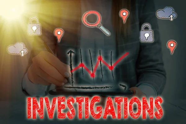 Text sign showing Investigations. Conceptual photo The formal action or systematic examination about something.