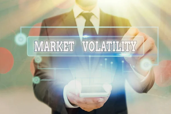 A piaci volatilitást mutató szöveges jel. Fogalmi fotó Az alapul szolgáló értékpapírok árai ingadoznak Stabilitási állapot. — Stock Fotó
