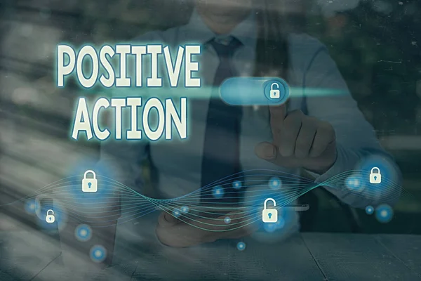 Text sign showing Positive Action. Conceptual photo doing good attitude against certain situation Fine reaction. — Stock Photo, Image