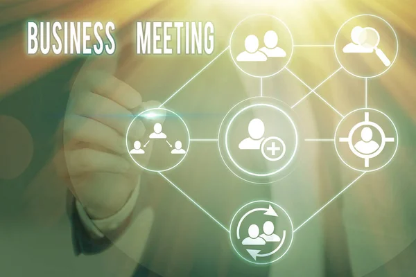 Texto para escrita de palavras Business Meeting. Conceito de negócio para usado discutir questões que não podem ser abordadas de forma simples . — Fotografia de Stock
