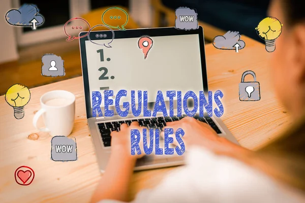 Word writing text Regulations Rules. Business concept for Standard Statement Procedure govern to control a conduct. — Stock Photo, Image