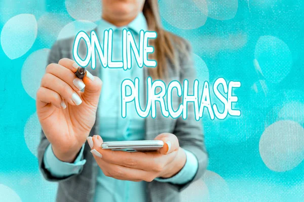 Sinal de texto mostrando compra online. Foto conceitual Compras de bens de comércio eletrônico de através da Internet . — Fotografia de Stock